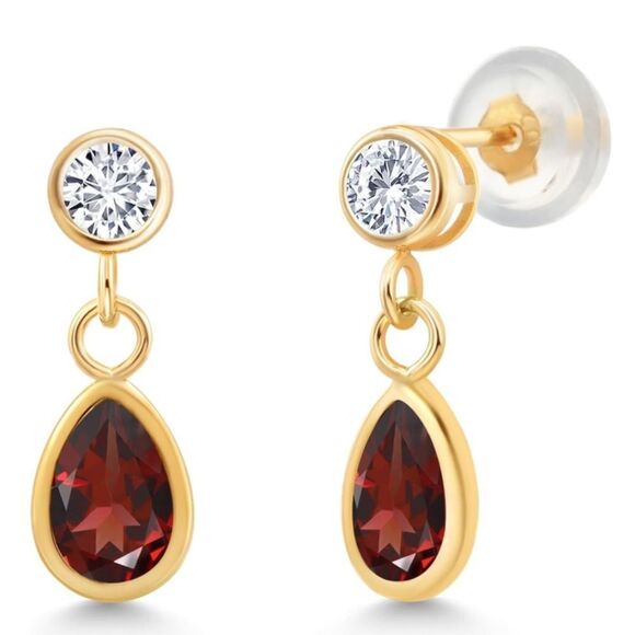 14K Yellow Gold with 0.98 Cttw Garnet and White Diamond Post Back Drop Earrings - Picture 2 of 4